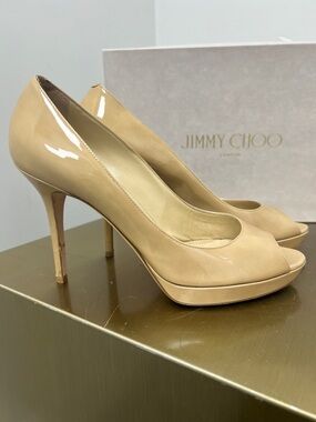 Jimmy Choo Beige Patent Peep-Toe Pumps